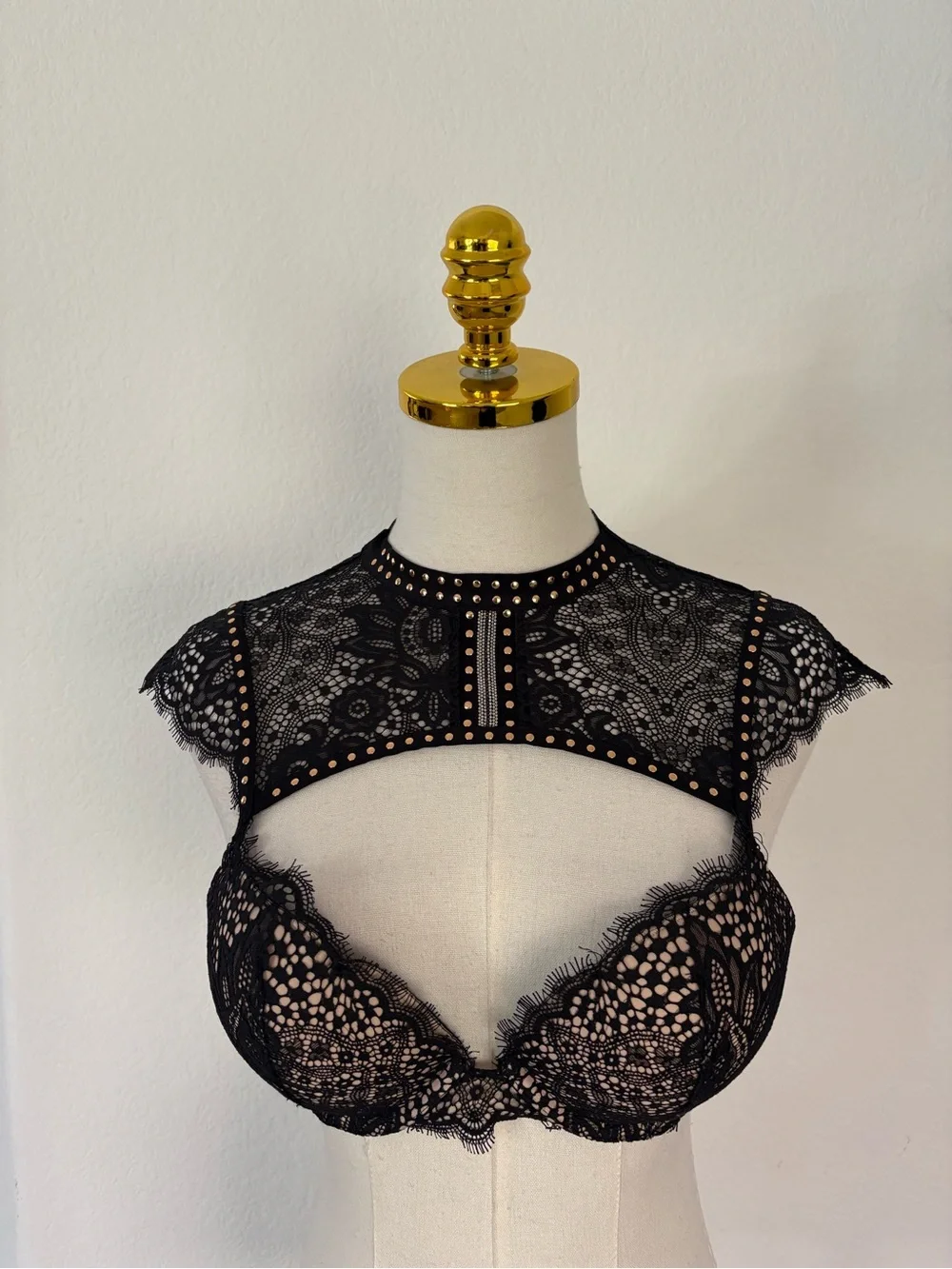 Victoria's Secret Black Lace High-Neck Studded Bralette with Nude Underlay